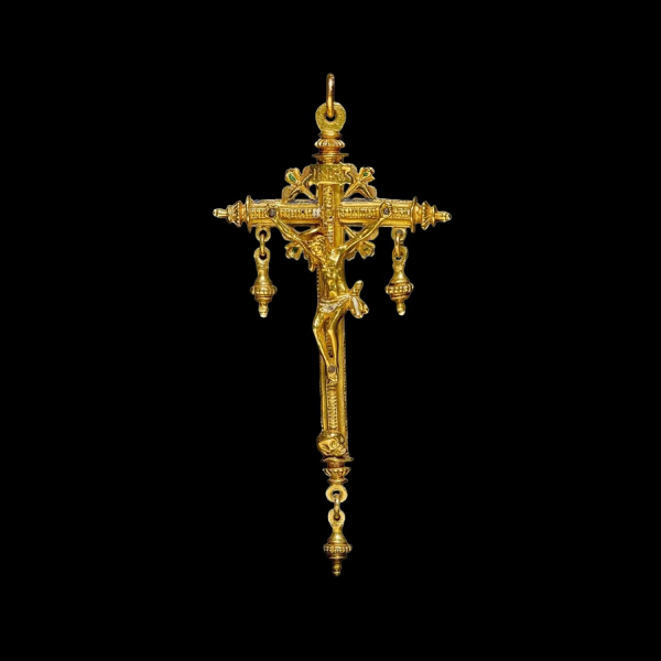 Colgante crucifijo renacentista en oro esmaltado. España, finales del siglo XVI.