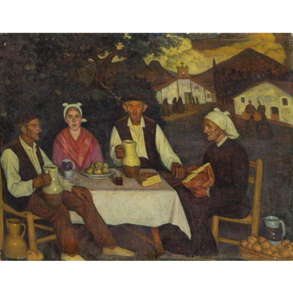 Valentín de Zubiaurre (1879 - 1963) "Aldeanos vascos". Óleo sobre lienzo
