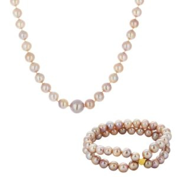 Collar y pulsera elástica de perlas cultivadas en tonalidad rosa de 11-7 mm.