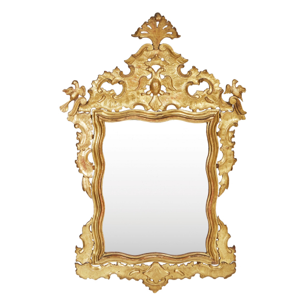 Espejo en madera tallada y dorada con decoraciones fitomorfas y de aves, s.XVIII.