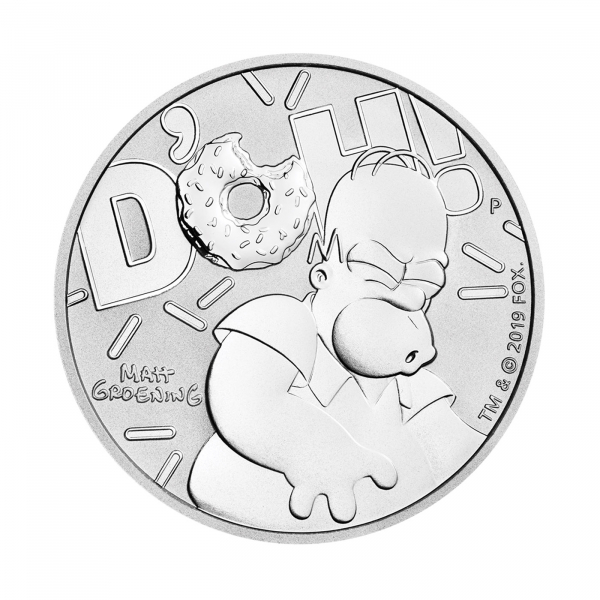 Moneda Tuvalu, 1 dólar de plata, año 2019. Homer Simpson y Reina Isabel II.