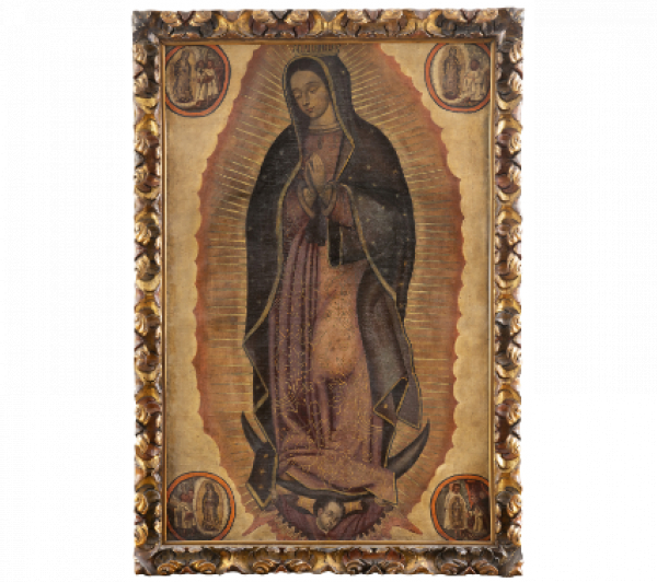 ESCUELA MEXICANA, SIGLO XVIII  Virgen de Guadalupe con las apariciones de Juan Diego 