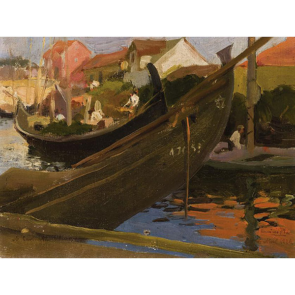Cecilio Plá (1860 - 1934)  "Barcos en el puerto (Portugal 1912)". Óleo sobre lienzo.