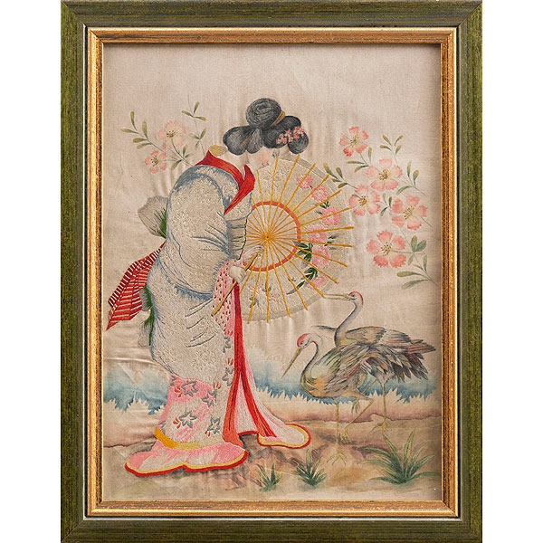 "Dama con sombrilla y garzas" Seda china . Trabajo Chino, Siglo XIX 