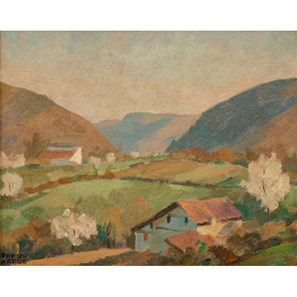 RAMIRO ARRÚE  (Bilbao 1892 - San Juan de Luz 1971) "Paisaje montañoso con caseríos"