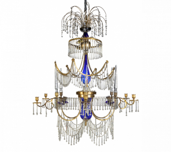 Lámpara de seis brazos y catorce luces de estilo neoclásico en bronce y cristal traslúcido y azul.