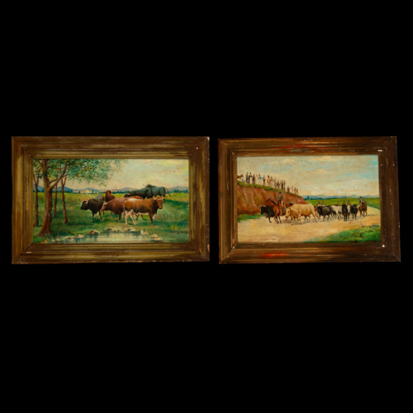 Pareja de cuadros con escenas taurinas de la escuela aragonesa del siglo XIX - XX, Mariano Unceta.