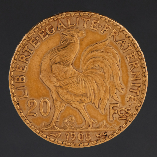 Moneda de 20 francos de la república francesa del año 1905.