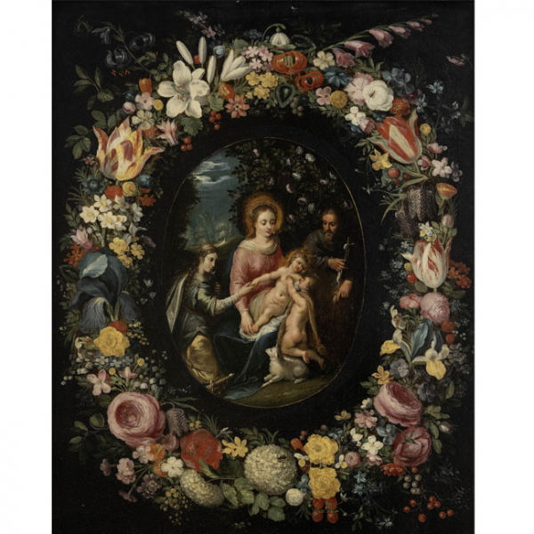 &quot;Sagrada familia con San Juanito y Santa Catalina&quot;.  JAN BRUEGHEL EL JOVEN (1601-1678) y HENDRICK VAN BALEN (1571-1632).  
