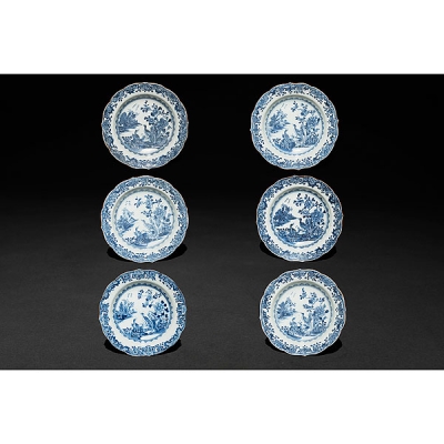 Conjunto de seis platos en porcelana china azul y blanca
