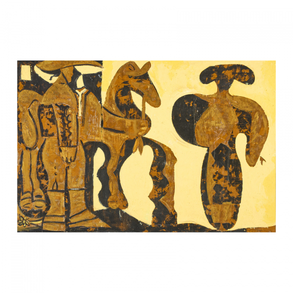 Juan Barjola (Torre de Miguel Sesmero, Badajoz,1919-2004).  Homenaje a Picasso.  Óleo y collage sobre tela. Firmado. 