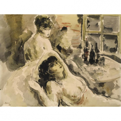 Arturo Souto Feijoo.   &quot;Mujeres desnudas junto a la ventana&quot;. Acuarela sobre papel.