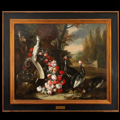 Gran pareja de Bodegones con Flores y Aves en un Jardín, escuela Napolitana del siglo XVIII, círculo de Baldassare da Baldassarre De Caro (Naples, 1689- 1750).