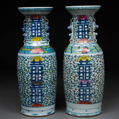 Pareja de jarrones en porcelana china azul y blanca. Trabajo Chino, Siglo XIX