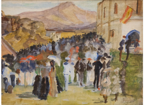 DAR&Iacute;O DE REGOYOS (Asturias, 1857-Barcelona, 1913)  Muchedumbre delante de la plaza de toros de bayona, ca. 1903. &Oacute;leo sobre lienzo pegado a cart&oacute;n. 