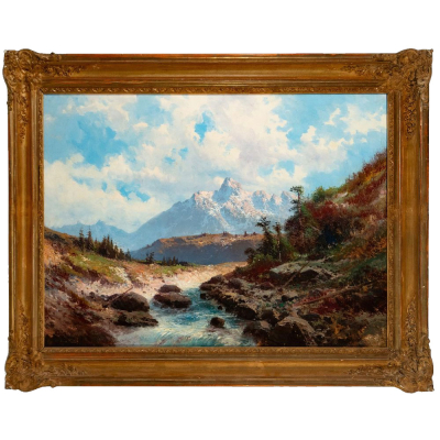 "Paisaje con casa y monta&ntilde;as" Carlos de Haes &ndash; siglo XIX.  &Oacute;leo sobre lienzo