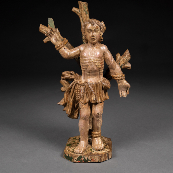 "San Sebastián" Escultura en madera tallada con restos de policromía. Trabajo Español, Siglos XVII-XVIII