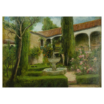 Aurelio Tolosa i Alsina (Barcelona, 1861-1938) Patio de la Lindaraja, Alhambra. Óleo sobre tela.