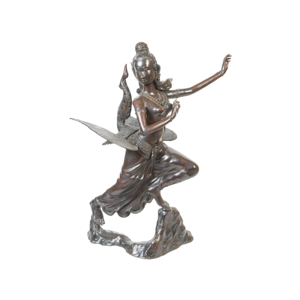 Diosa Kinnari. Escultura en bronce patinado de la diosa mitad mujer mitad pájaro, Tailandia, s.XX.