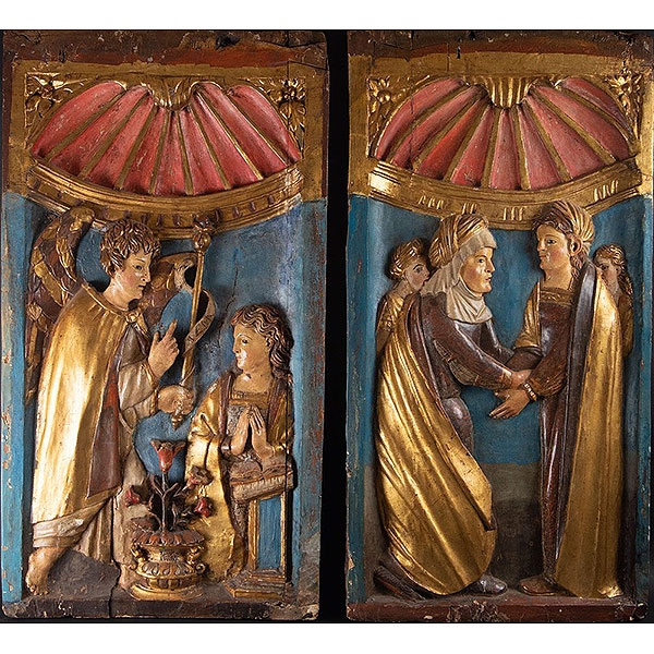 Importante pareja de Relieves representando La Anunciación y la Visitación, escuela Colonial del siglo XVI, posiblemente Nueva España.