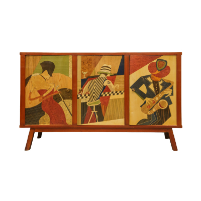 Aparador estilo Mid Century en madera chapada de diferentes tonalidades formando escenas de músicos de Jazz, s.XX.