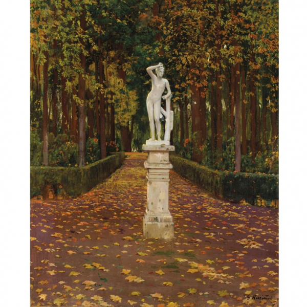 Santiago Rusiñol i Prats. "Jardín de Aranjuez". Óleo sobre lienzo. Firmado en el ángulo inferior derecho.