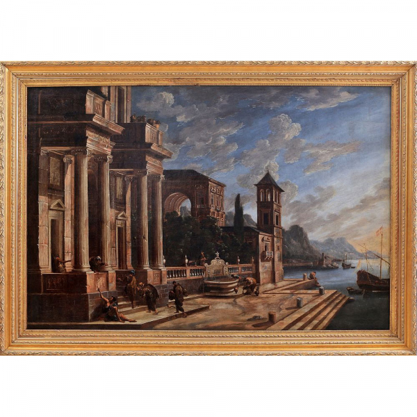 VIVIANO CODAZZI (Bérgamo, c.1604 – Roma, 1670) - "Capricho costero con edificio monumental, fuente y figuras".    Óleo sobre lienzo