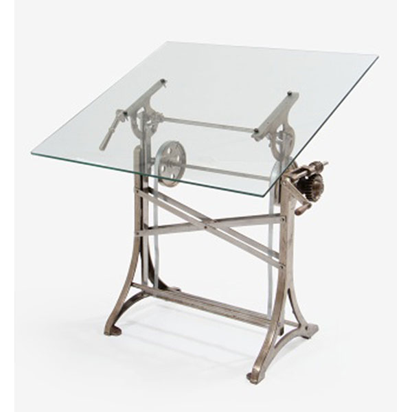 Mesa de arquitecto en hierro fundido con manivela ajustable y encimera en cristal.   Pp. S. XX