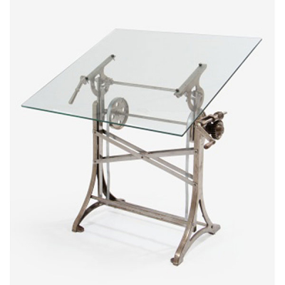 Mesa de arquitecto en hierro fundido con manivela ajustable y encimera en cristal.   Pp. S. XX