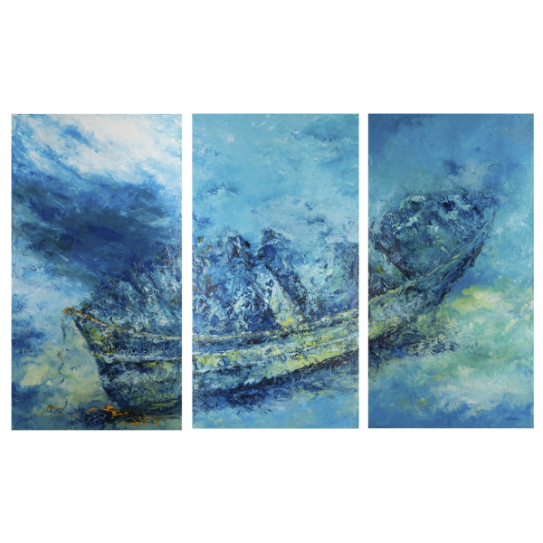 Alfonso Cruz Su&aacute;rez (Terrassa, 1958)  Barco bajo las olas.  Tr&iacute;ptico de &oacute;leos sobre tela pintados bajo el agua. Firmados.