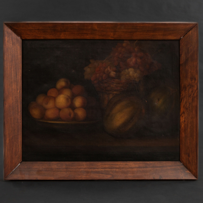 &quot;Bodegón de cesta con uvas, melón y manzanas&quot;.  Escuela Española, Siglo XIX