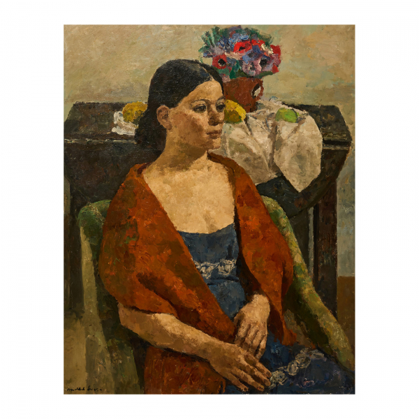 Josep Maria Mallol Suazo (Barcelona, 1910-1986) Chal rojo. Óleo sobre tela. Firmado.