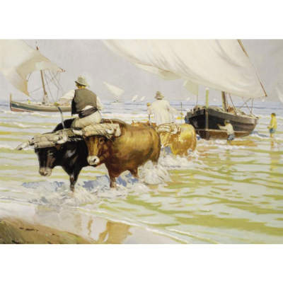 Enrique Mart&iacute;nez Cubells. "Bueyes sacando las barcas". &Oacute;leo sobre lienzo. Firmado en el &aacute;ngulo inferior izquierdo.