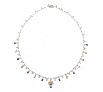 Conjunto de collar y pulsera de brillantes combinados con zafiros rosas, azules y amarillos. 