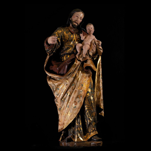 Gran talla "San José con Niño", trabajo colonial Novohispano de finales del siglo XVII. 
