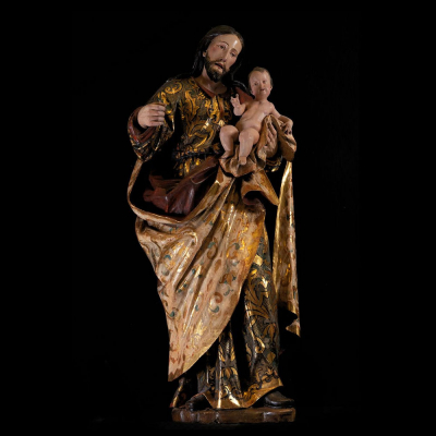 Gran talla &quot;San José con Niño&quot;, trabajo colonial Novohispano de finales del siglo XVII. 