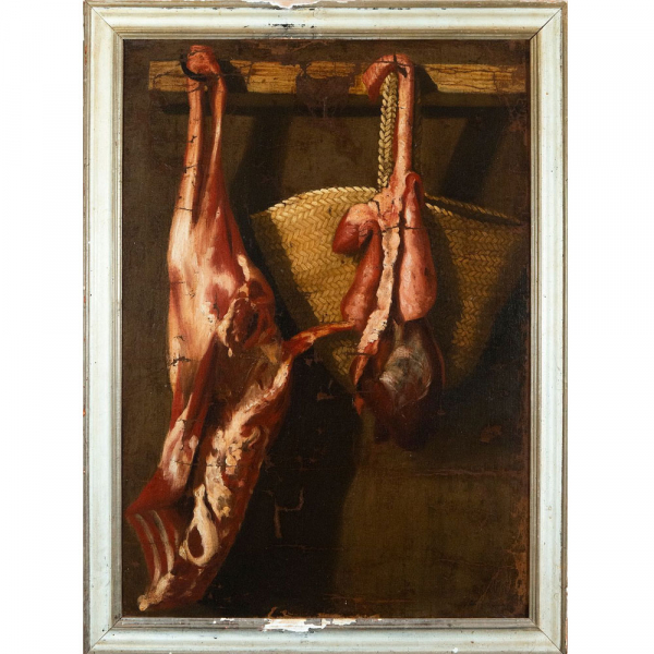 &quot;Bodegón de carne&quot; Escuela Coloinal Siglo XVII (firmado &#039;Salvador Gutiérrez&#039;).    Óleo sobre lienzo.