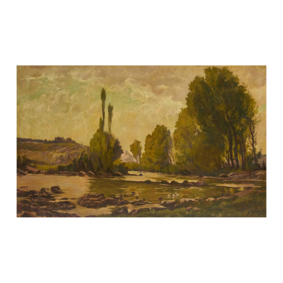 Francisco Gimeno Arasa (Tortosa, Tarragona, 1858-Barcelona, 1927)  Paisaje fluvial.  Óleo sobre tela. Firmado.