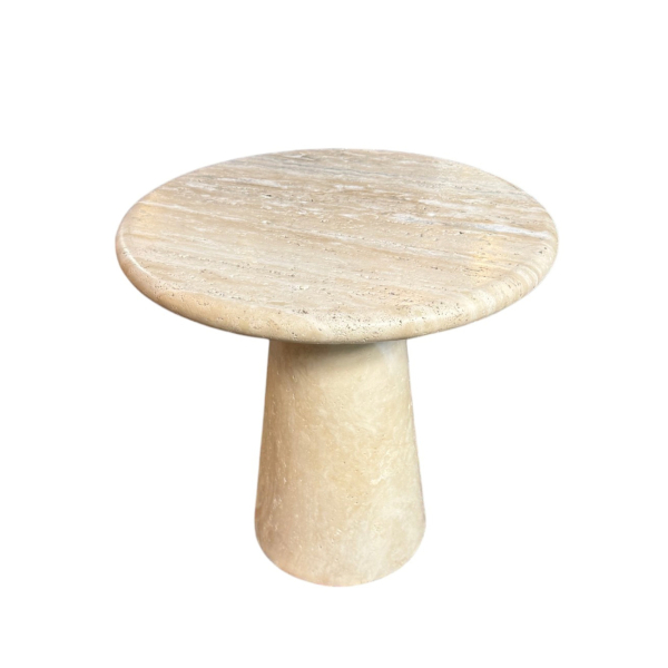 Mesa baja de café circular en mármol travertino estilo Angelo Mangiarotti, c.1970.