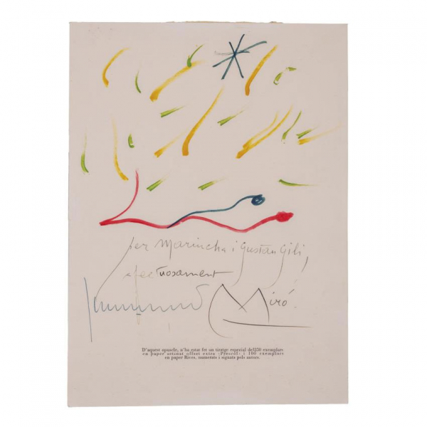JOAN MIRÓ. Dibujo original con dedicatoria autógrafa a Mariucha i Gustau Gili, con firma autógrafa de Miró y Juan Perucho.