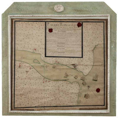 Mapa manuscrito de la antigua entrada del puerto de la ciudad de Baona... mayo de 1726.  ESCUELA FRANCESA DEL SIGLO XVIII