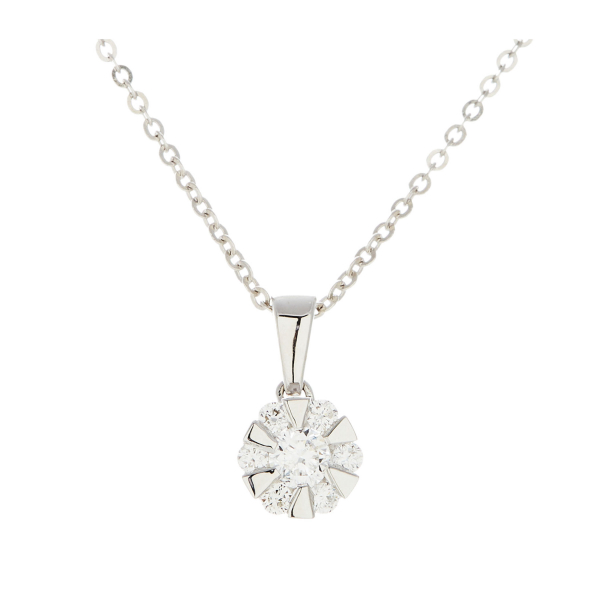 Colgante rosetón en oro blanco con diamantes talla brillante engastados en garras.