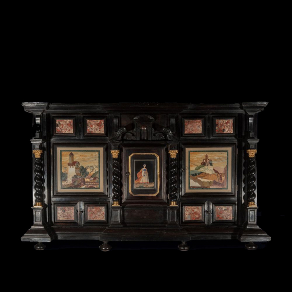 Mueble Cabinet Contador Florentino en ébano y piedras duras, trabajo italiano del siglo XVII. 