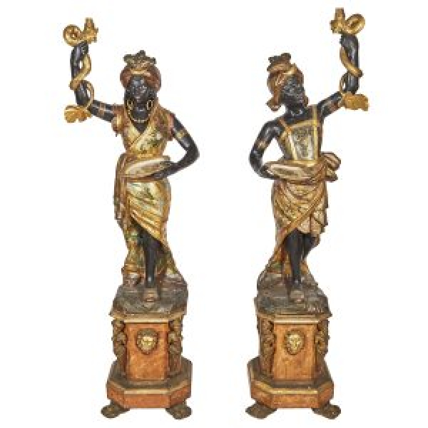 Espectacular pareja de venecianos en madera tallada, policromada y dorada segunda mitad del s.XIX.
