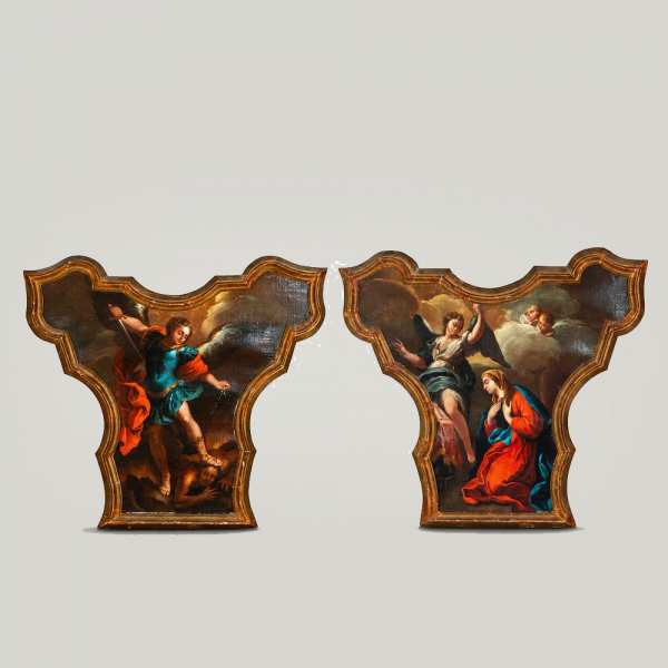 "San Miguel" y "La Anunciaci&oacute;n". Pintor Romano del siglo XVIII o italiano activo en Espa&ntilde;a.   &Oacute;leo sobre lienzo. 