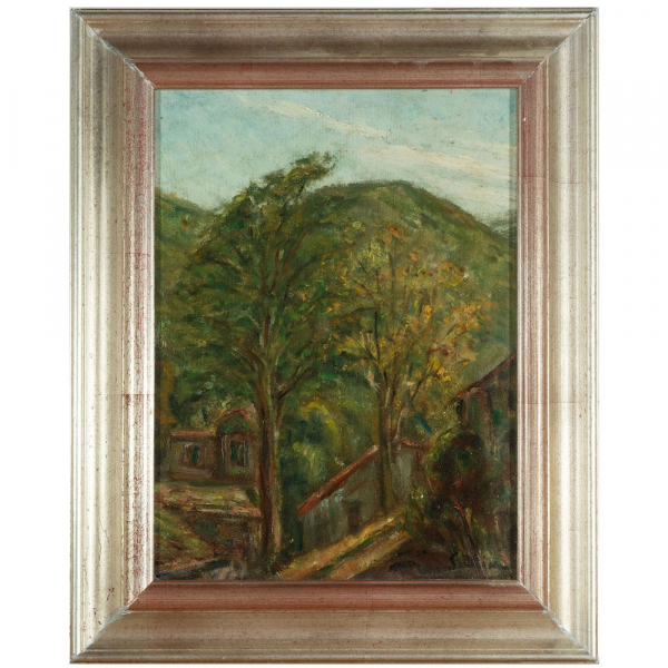 CHAIM SOUTINE (Smilavichy, Bielorrusia, 1893 – París, 1943) "Paisaje con casas entre árboles" (ca. 1920).    Óleo sobre tabla.