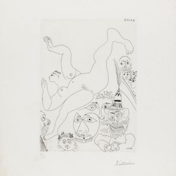 Pablo Picasso. "Télévision: gymnastique au sol, avec spectateurs - Serie 347 (1968)". Aguafuerte sobre papel BFK Rives.