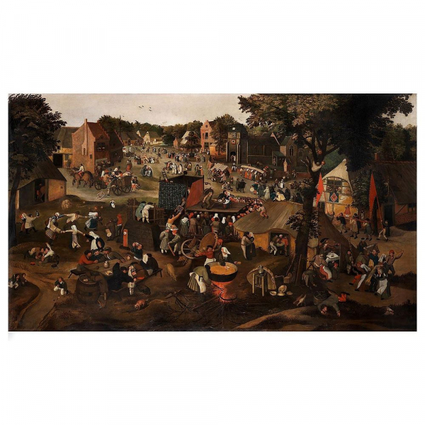 MARTEN VAN CLEVE (Amberes, c. 1527 – 1581) Atribuido "Gran kermés aldeana con escenario teatral y procesión".  Óleo sobre lienzo