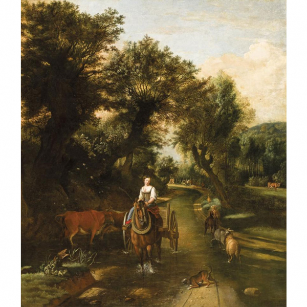 Jan Sieberechts. "Cruzano el río (1669)". Óleo sobre lienzo. Firmado y fechado (1669) en el ángulo inferior derecho.
