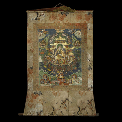 Thangka tibetano &quot;Padmasambhava&quot; en oro y pigmentos sobre seda japonesa, Tibet, s. XVIII.  